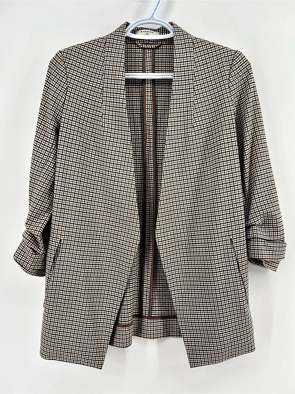 Aritzia Babaton Power Blazer Checkered Open Front Jacket Brown & White Size 00